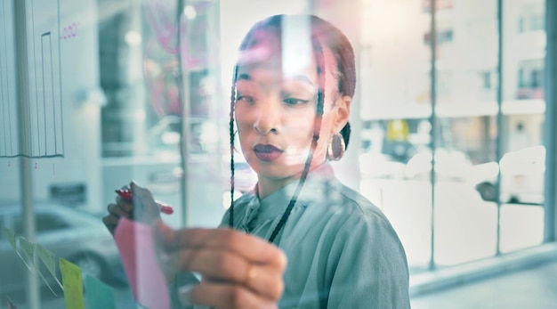 Foto frau am glas mit mindmap-stift und ideen für geschäftsplanung, brainstorming und arbeitsprozess. sie überlegt sich einen kreativen plan und schreibt auf haftnotizen für einen startup-vorschlag auf dem moodboard für den workshop