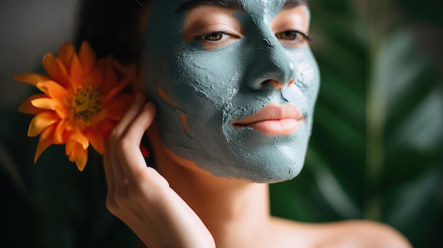 Frau am Morgen mit Bio-Maske, Hautpflegeprodukt und tropischem Hintergrund
