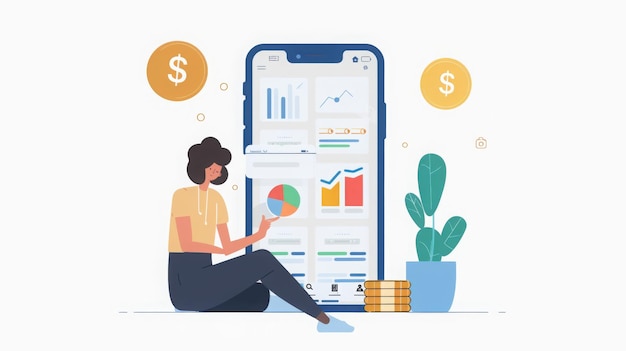 Frau analysiert Finanzdiagramme auf einer Smartphone-App
