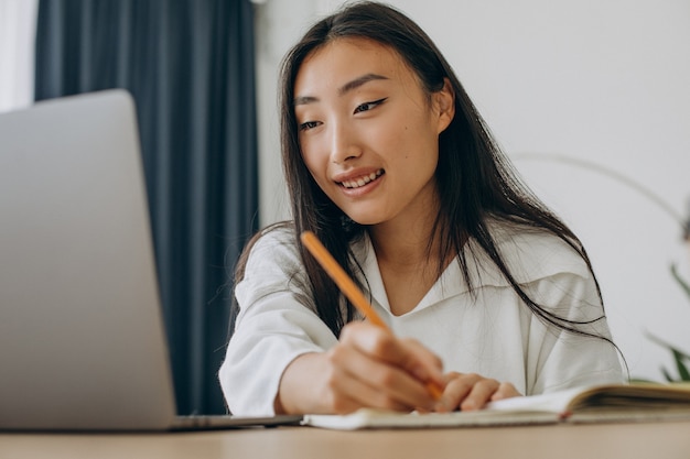 Frau arbeitet am Computer am Schreibtisch von zu Hause aus