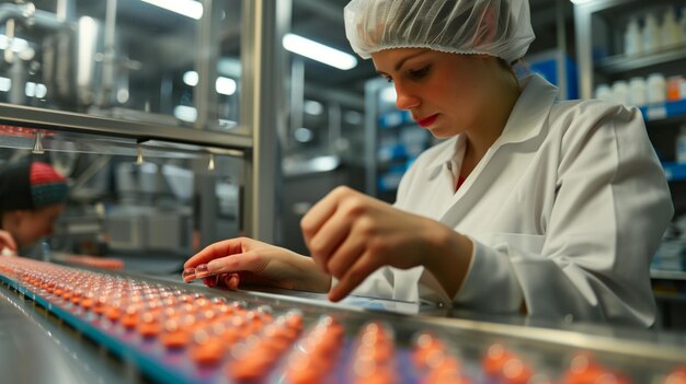 Frau arbeitet an der Kapselverpackungslinie in einer Fabrik