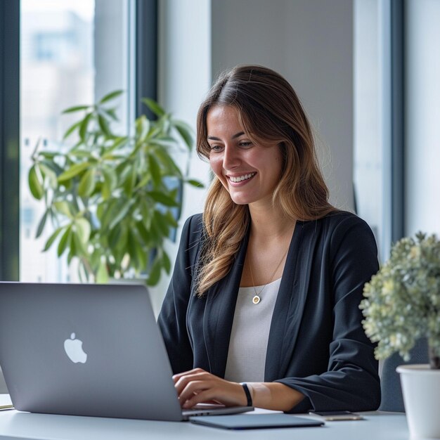 Frau arbeitet an einem Laptop-Computer