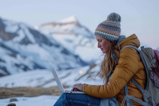 Frau arbeitet an einem Laptop in schneebedeckten Bergen