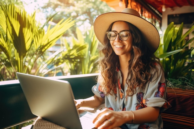 Frau arbeitet draußen mit ihrem Computer