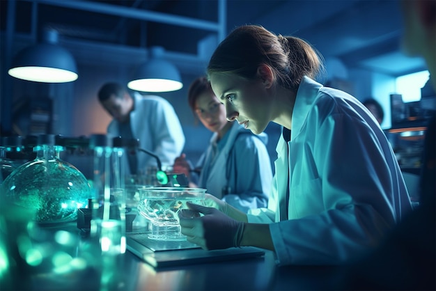 Frau arbeitet in einem medizinisch-biologischen Labor. Teamstudienexperiment