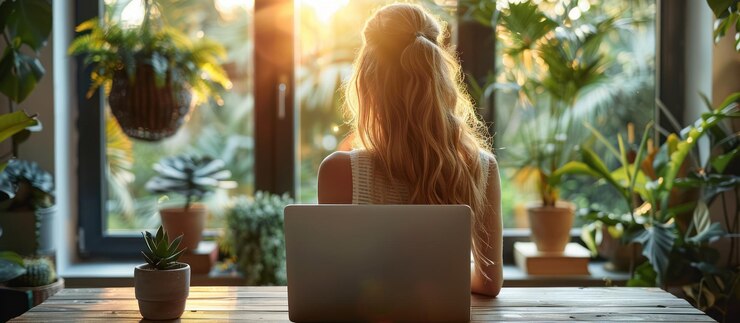 Frau arbeitet zu Hause mit Laptop und Pflanzen