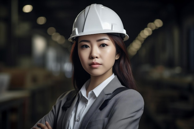 Frau asiatischer Helm Industriegeschäft Job Industrie weißes Lächeln Porträt Ingenieur Generative KI