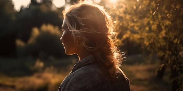 Frau atmet bei Sonnenlicht, Blick von hinten auf generatives Ai