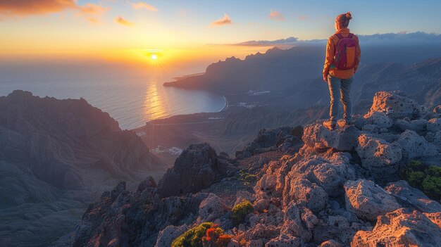 Frau auf dem Berg am Ozean