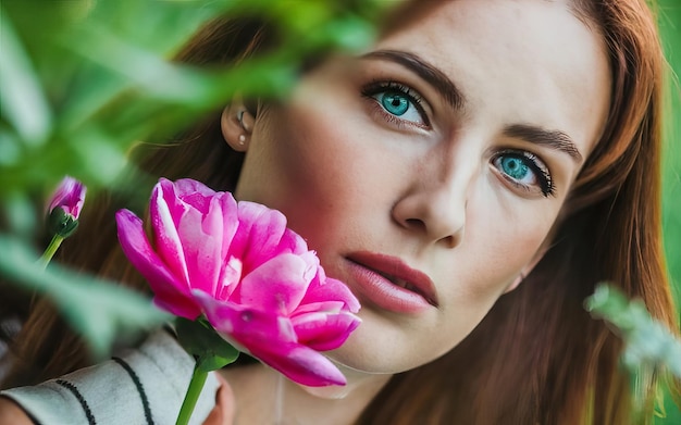 Foto frau auf dem foto mit blumen