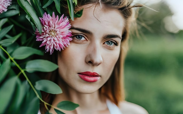 Foto frau auf dem foto mit blumen