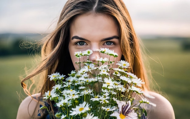 Foto frau auf dem foto mit blumen