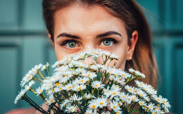 Foto frau auf dem foto mit blumen