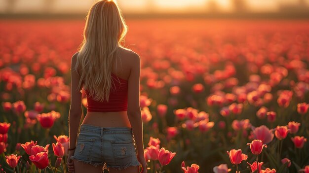 Frau auf den Feldern unter den Tulpenfeldern