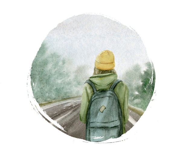 Frau auf der Straße mit Rucksack, Aquarellillustration