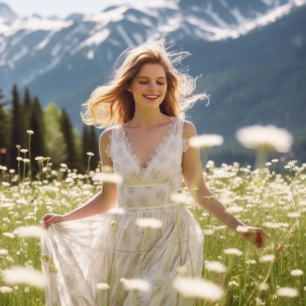 Frau auf einem Blumenfeld mit Bergen im Hintergrund