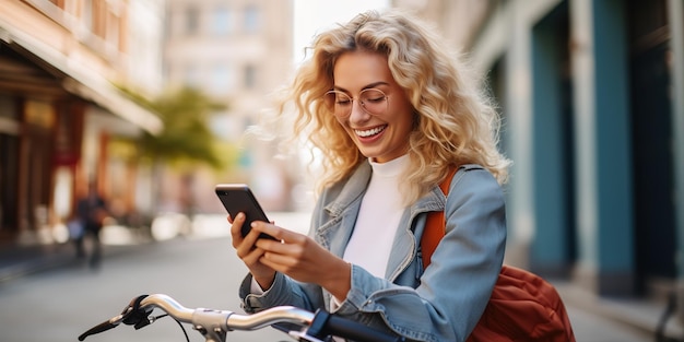 Frau auf einem Fahrrad mit Telefon in der Stadt, die im Sommer draußen ist