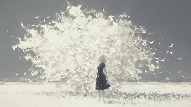 Frau auf einem Feld in der Nähe eines Baumes