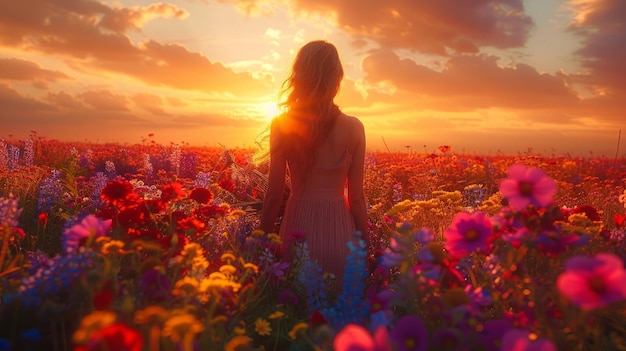 Foto frau auf einem feld mit blumen