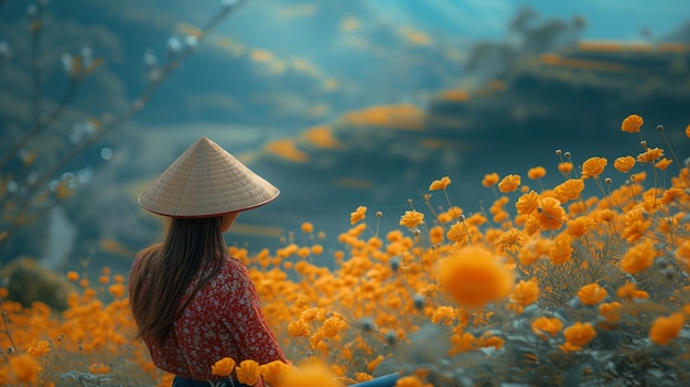 Frau auf einem Feld mit wunderschönen gelben Blumen