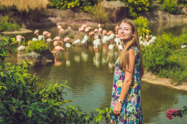 Frau auf einem Hintergrund von Flamingos auf einem Teich