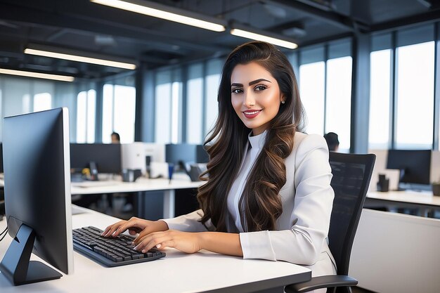 Frau aus dem Nahen Osten arbeitet am Computer in einem technologischen Firmenbüro