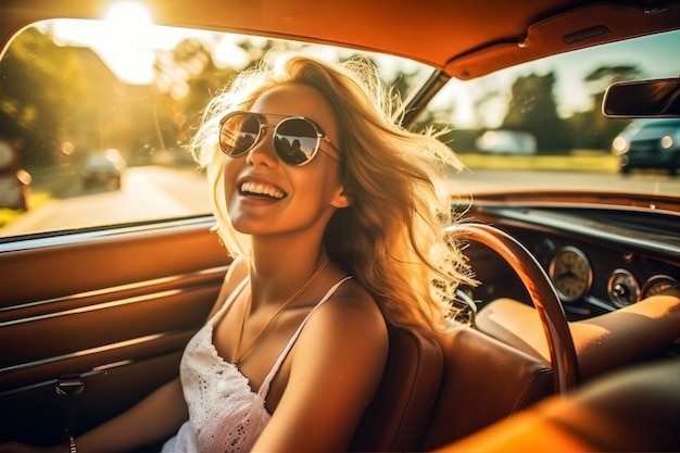 Foto frau auto fahrzeug sommer kaukasische sonnenbrille reisen junge schönheit freiheit generative ki