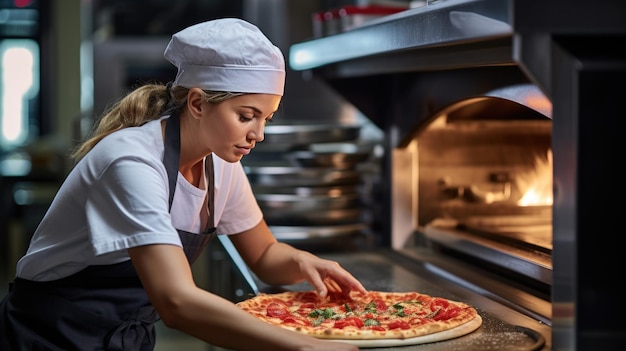 Frau backt Pizza im Ofen