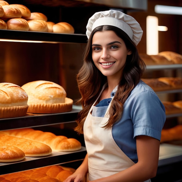 Frau Bäckerin in der Bäckerei lächelt