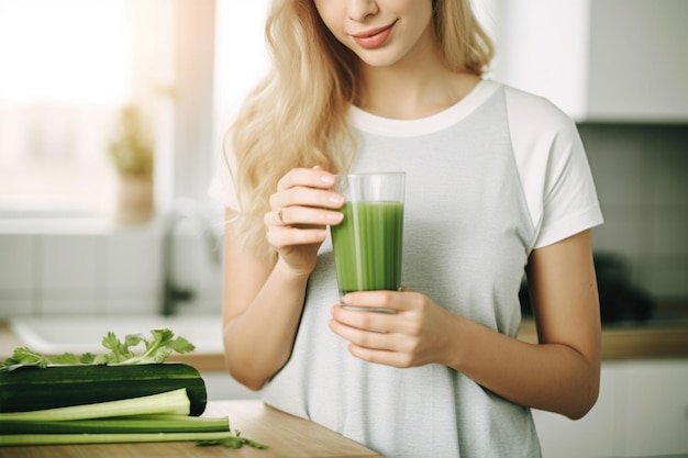 Foto frau beginnt ihren tag mit grünem saft