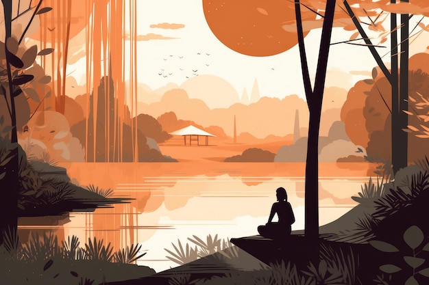 Frau beim Yoga und Waldlandschaft in einer minimalistischen Illustration Sanfte und gedämpfte Farben