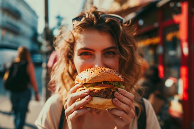 Foto frau beißt einen burger mit kotletten auf der straße aus der nähe