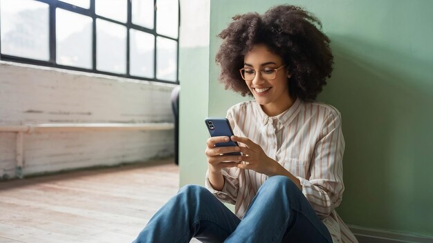 Frau benutzt ein Smartphone und sitzt auf dem Boden