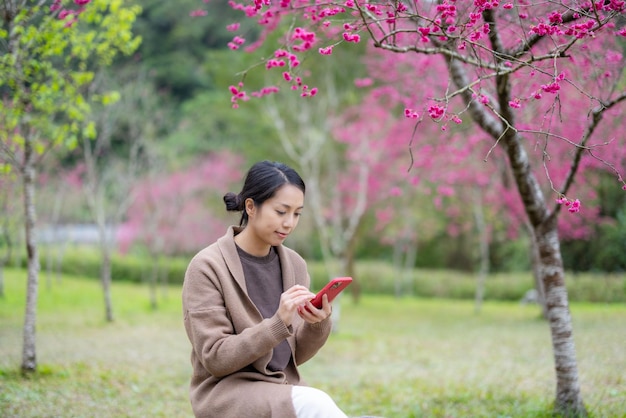 Frau benutzt Handy im Park