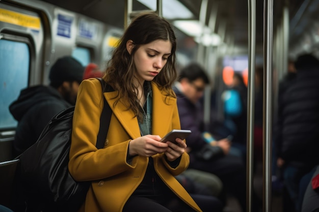 Frau benutzt ihr Handy in der U-Bahn neben dem Fenster