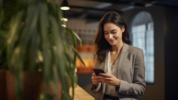 Frau benutzt ihr Telefon bei der Arbeit im Büro