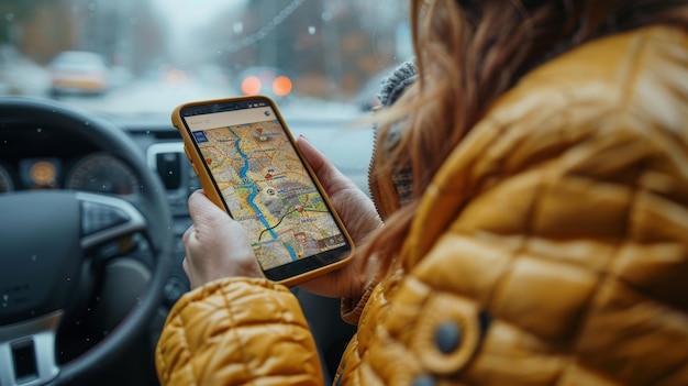 Frau benutzt im Winter eine Smartphone-GPS-Karte im Auto