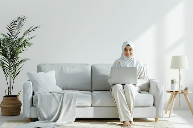 Frau benutzt Laptop auf der Couch