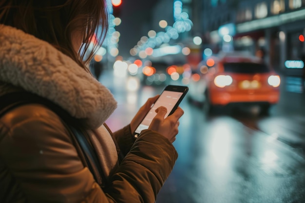 Frau benutzt nachts auf einer Stadtstraße ein Smartphone