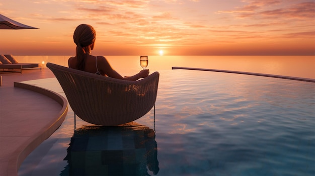 Frau beobachtet den Sonnenuntergang mit einem Cocktail in einem Infinity-Pool, der Luxus-Lebensstil-Urlaub zeigt