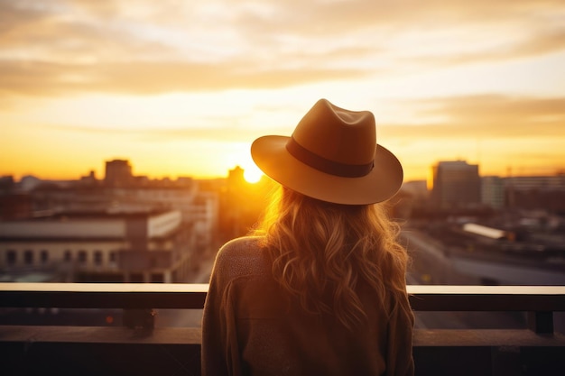 Frau beobachtet Sonnenuntergang in der Stadt