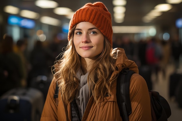 Frau bereit, am Flughafen mit einem glücklichen Gesicht zu reisen