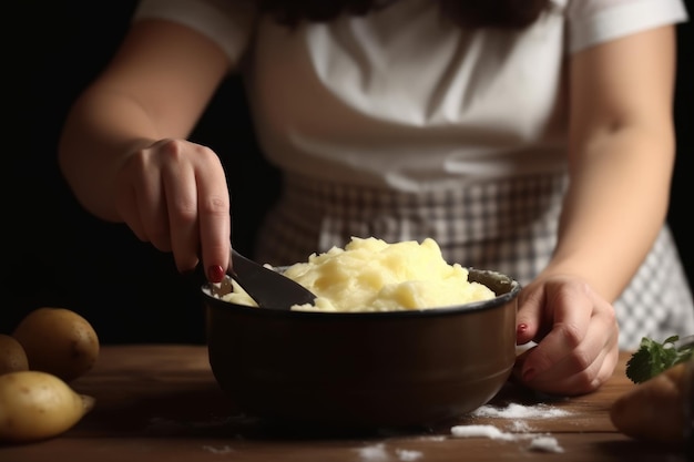 Frau bereitet Kartoffelpüree zu. Generieren Sie Ai