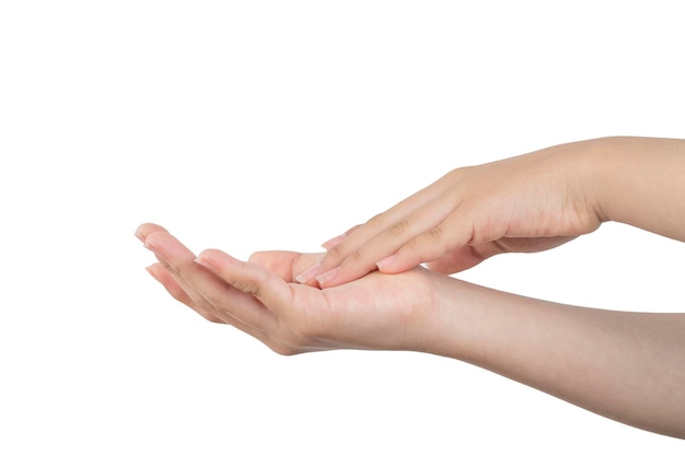 Frau berührt die Handfläche mit den Fingern und macht ein Zeichen, Creme mit Hintergrund aufzutragen