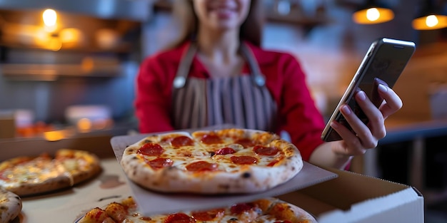 Foto frau bestellt pizza online mit einer smartphone-app für die lieferung von nahrungsmitteln verschwommener bildschirm fokus konzept lebensmittellieferung bestellung von pizza online-app smartphone verschwommenes bildschirm focus