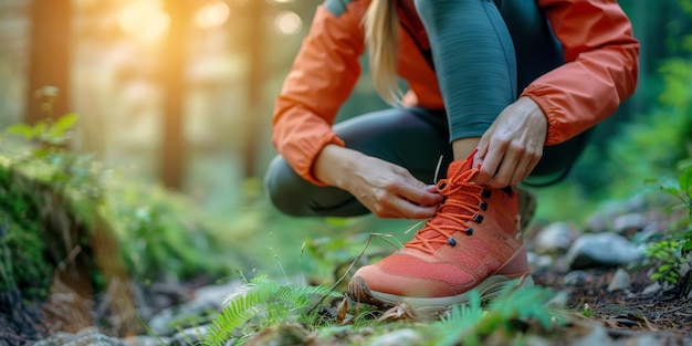 Frau bindet Schuhe im Wald