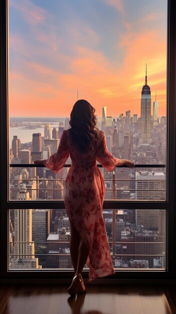 Foto frau blickt tagsüber auf die skyline von new york