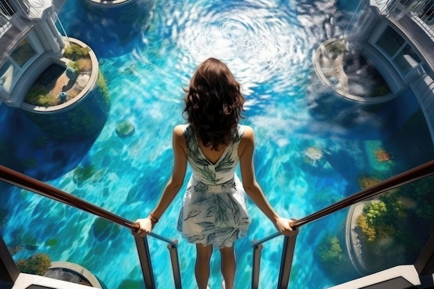 Frau blickt vom oberen Ende der Treppe auf das Schwimmbad. Eine Touristin, die in einem Schwimmbad von hinten blickt, genießt die erhöhte Aussicht, die von KI generiert wurde