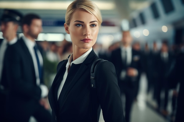 Foto frau, die als flugbegleiterin im hintergrund des flughafens arbeitet