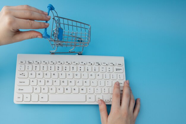 Frau, die an einem Laptop auf einem blauen Hintergrund arbeitet., Konzept der Fernwartung, Internet-Einkauf.